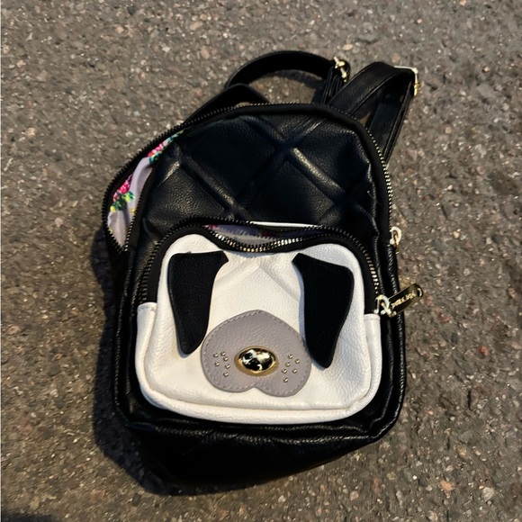 Betsey Johnson Handbags - Betsey Johnson Pug Dog Mini Backpack Black Quilted Faux Leather Floral Lining